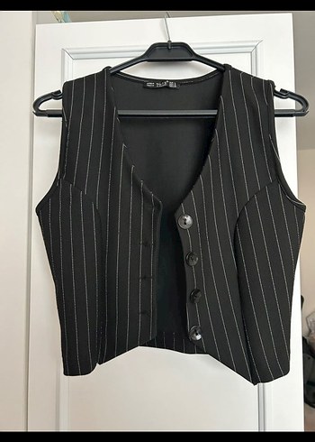 Düğmeli Siyah Çizgili Kadın Yelek - Görsel 3