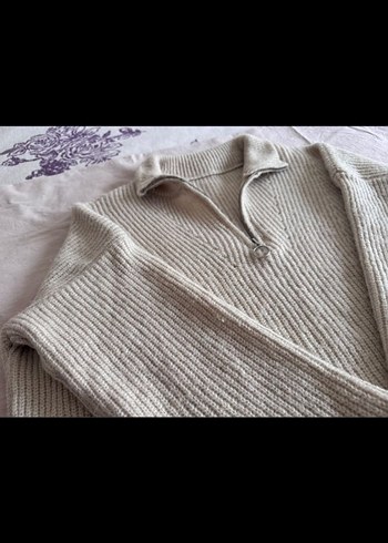 Bej Yarım Fermuarlı Yüksek dik Yaka Kadın Kazak - Görsel 2