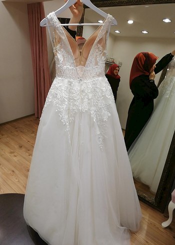 Narin moda V Yaka Beyaz A Kesim Uzun Gelinlik - Görsel 2