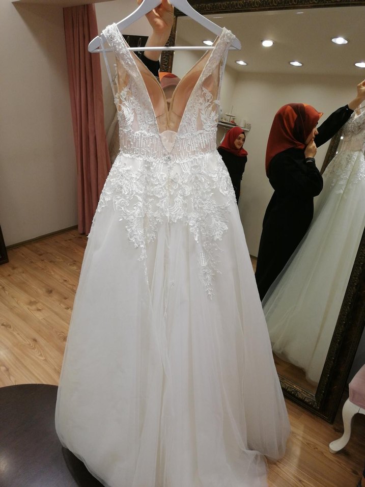 Narin moda V Yaka Beyaz A Kesim Uzun Gelinlik - Görsel 2