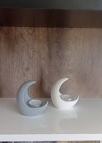 Ay Şeklinde Gri ve Beyaz Mumluk Seti - Görsel 2