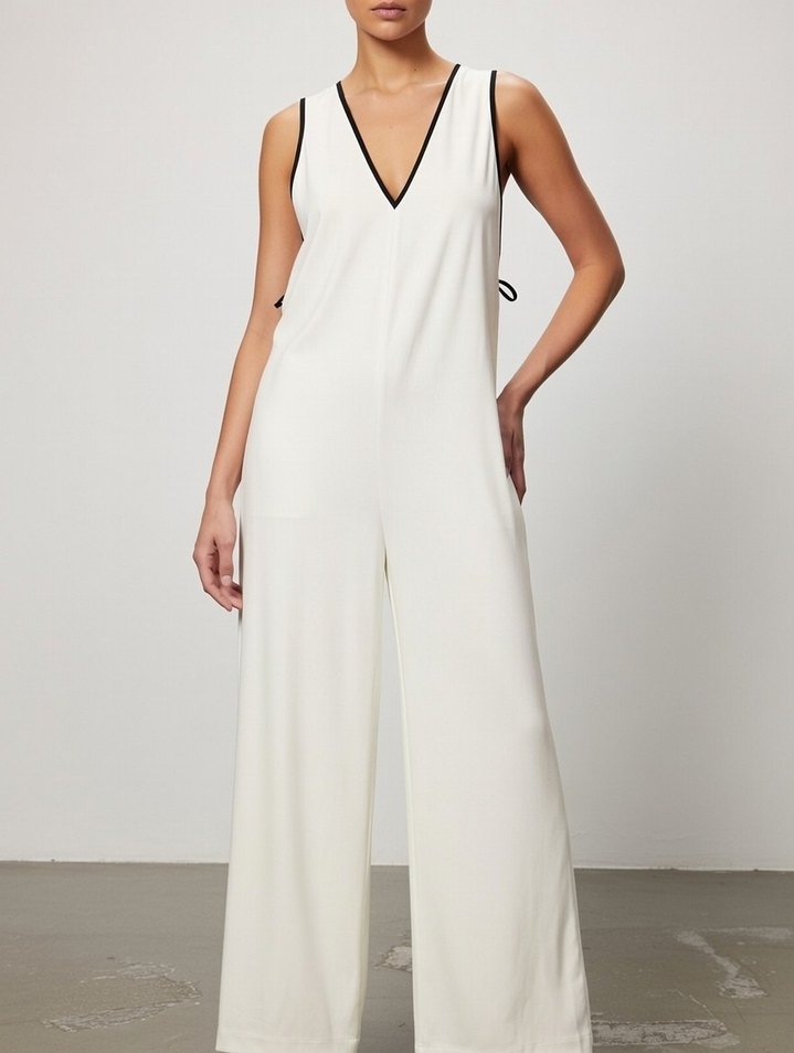 V Yakalı Beyaz Kadın Tulum - Görsel 2