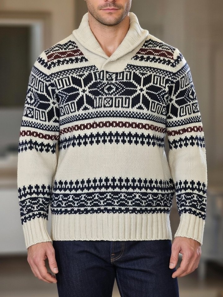 Etnik Desenli Yünlü Erkek Yarım Balıkçı Kazak - Görsel 2