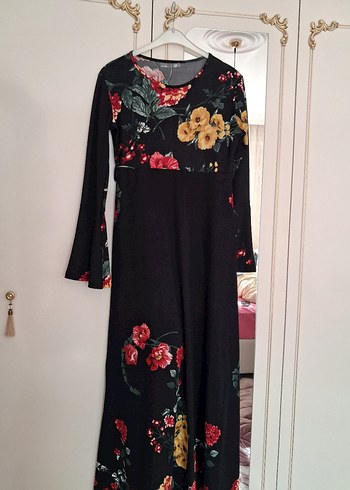 Uzun Kollu, Çiçek Desenli Siyah Bohem Elbise - Görsel 3