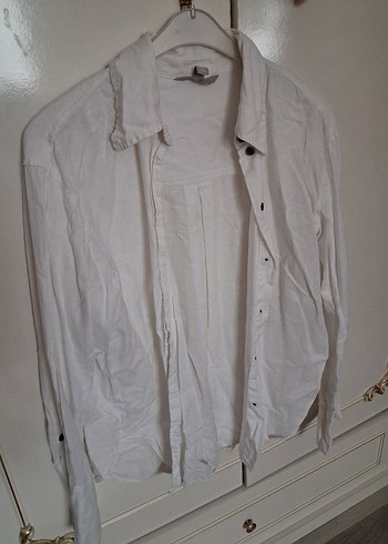 Düğmeli Beyaz Keten Kadın Gömlek - Görsel 2