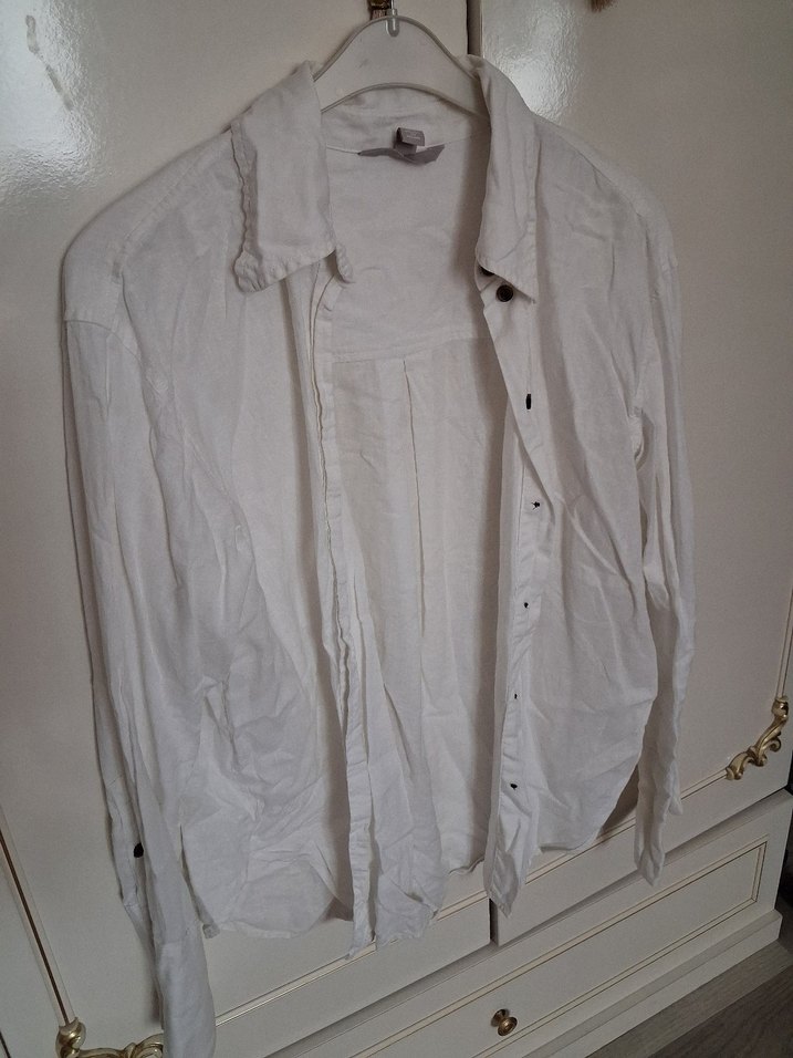 Düğmeli Beyaz Keten Kadın Gömlek - Görsel 2