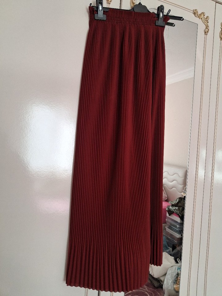 Bordo Pilili Uzun Kadın Etek - Görsel 2