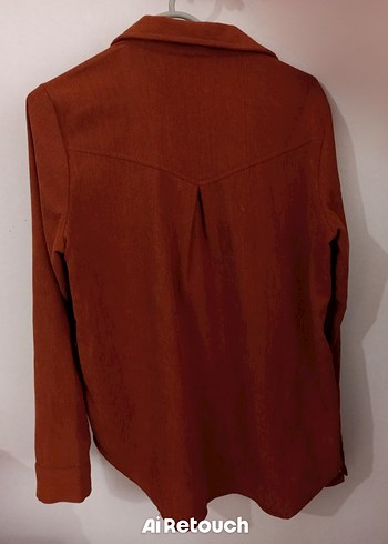 Düğmeli Kahverengi Keten Kadın Gömlek - Görsel 3