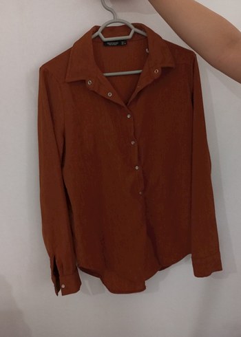 Düğmeli Kahverengi Keten Kadın Gömlek - Görsel 2