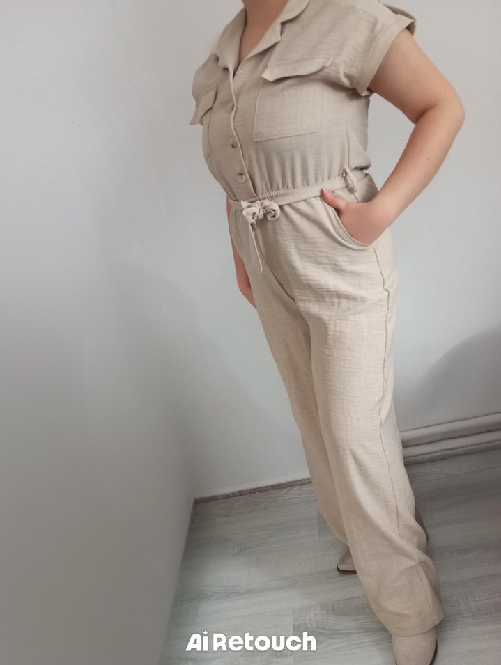 Bej Keten Midi Kadın Tulum - Görsel 2