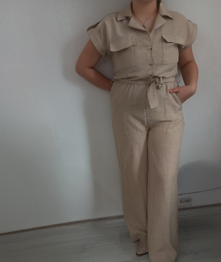 Bej Keten Midi Kadın Tulum - Görsel 3