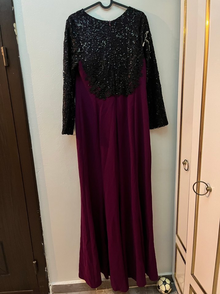 Bordo Uzun Kollu Drapeli Uzun Abiye Elbise - Görsel 3