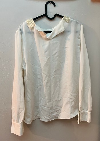 İnci Detaylı Beyaz Yakalı Keten Gömlek - Görsel 3