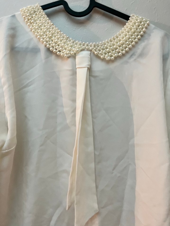 İnci Detaylı Beyaz Yakalı Keten Gömlek - Görsel 2