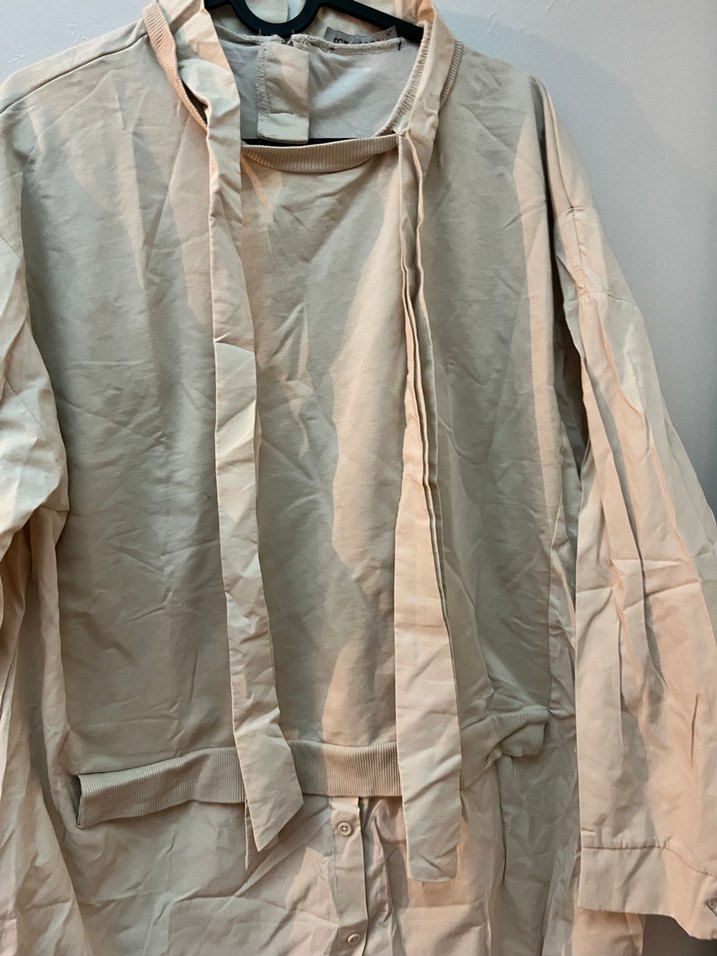 Bej Keten Midi Uzun Kollu Gömlek - Görsel 2