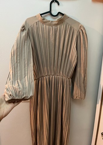 Bej Pilili Uzun Keten Elbise - Görsel 2