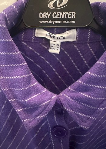 Düğmeli Mor Çizgili Kadın Dış Gömlek - Görsel 3