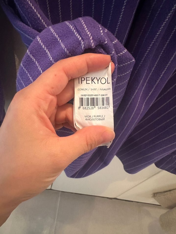 Düğmeli Mor Çizgili Kadın Dış Gömlek - Görsel 5