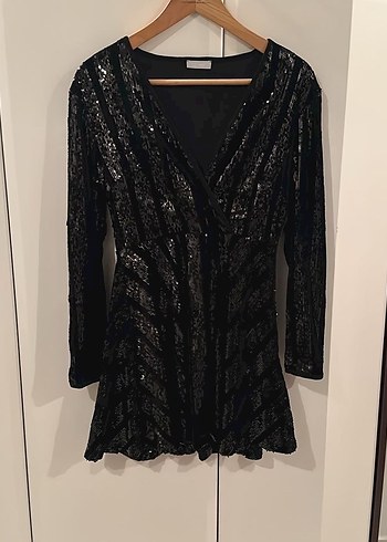 Parlak Siyah KADİFE PALETLİiElbise - Görsel 2