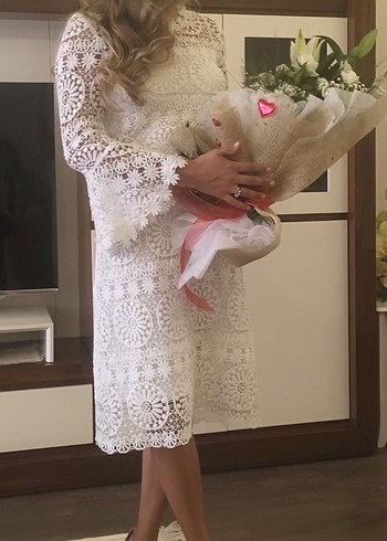 Dantel İşlemeli Uzun Kollu Bohem Nişan Elbisesi - Görsel 4