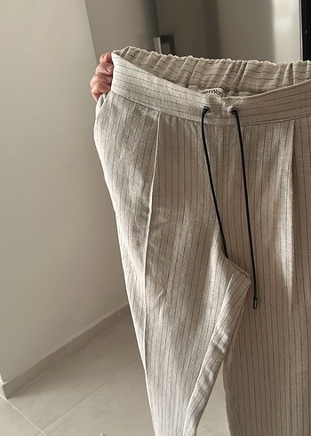 Bej Çizgili Kadın Keten Pantolon - Görsel 5