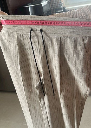 Bej Çizgili Kadın Keten Pantolon - Görsel 4