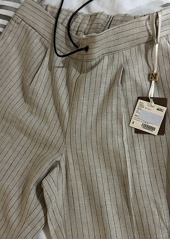 Bej Çizgili Kadın Keten Pantolon - Görsel 3