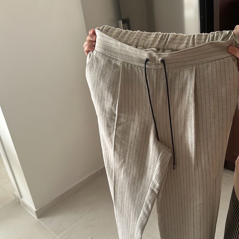 Bej Çizgili Kadın Keten Pantolon - Görsel 5