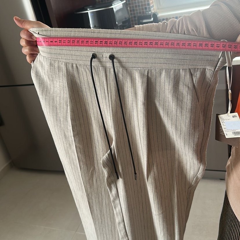 Bej Çizgili Kadın Keten Pantolon - Görsel 4