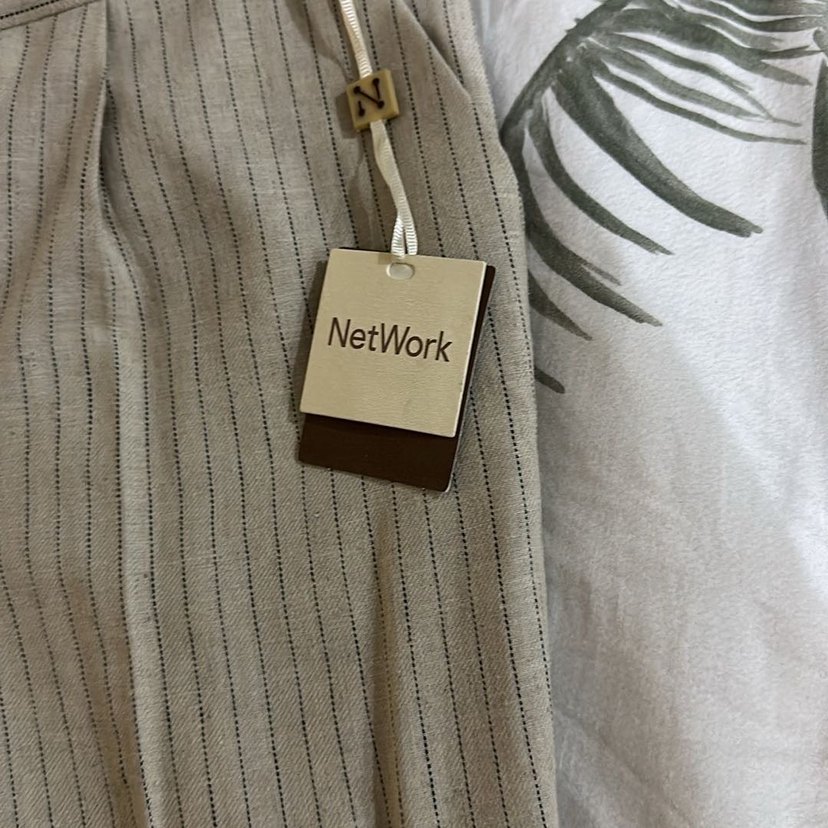 Bej Çizgili Kadın Keten Pantolon - Görsel 2