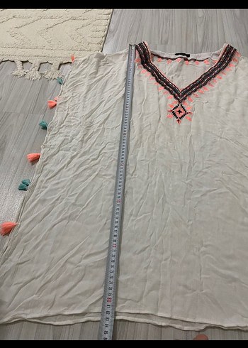 Püsküllü Nakışlı Beyaz Bohem pareo - Görsel 3