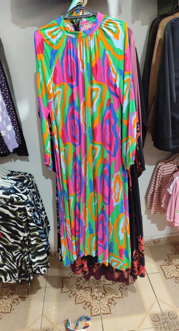 Uzun Siyah Desenli Bohem Kadın Elbise - Görsel 3