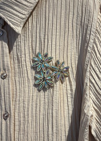 Bej Taşlı Uzun gofret kumaş gömlek tunik - Görsel 3