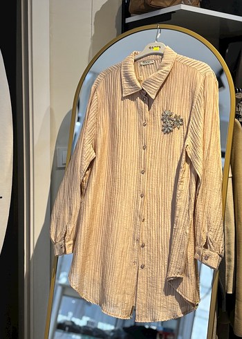 Bej Taşlı Uzun gofret kumaş gömlek tunik - Görsel 2