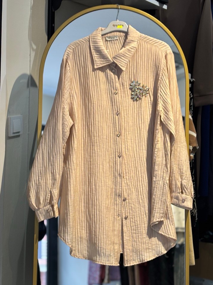 Bej Taşlı Uzun gofret kumaş gömlek tunik - Görsel 4