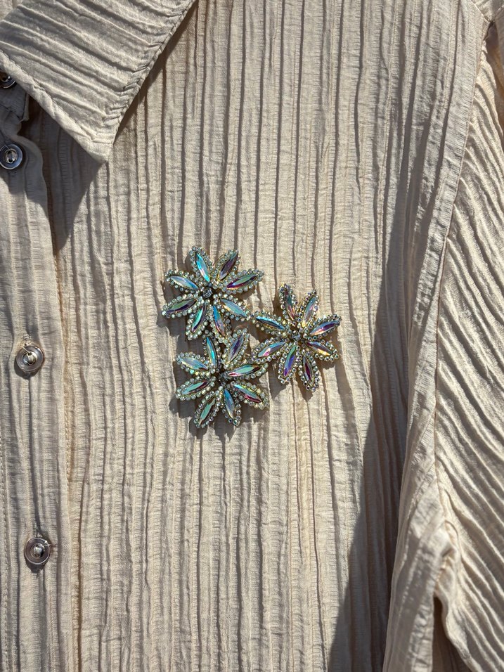 Bej Taşlı Uzun gofret kumaş gömlek tunik - Görsel 3