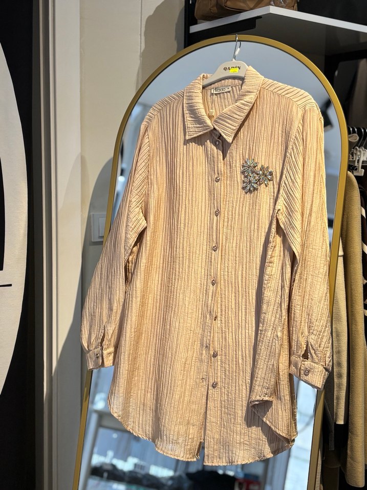 Bej Taşlı Uzun gofret kumaş gömlek tunik - Görsel 2