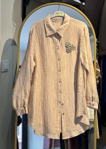 Bej Nakışlı Uzun Gofre Kumaş Gömlek - Görsel 4