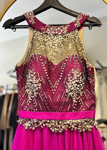 Boncuk İşlemeli Pembe Uzun Abiye Elbise - Görsel 6