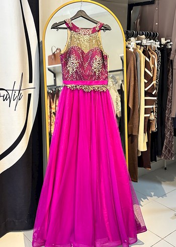 Boncuk İşlemeli Pembe Uzun Abiye Elbise - Görsel 4