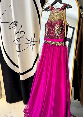 Boncuk İşlemeli Pembe Uzun Abiye Elbise - Görsel 3