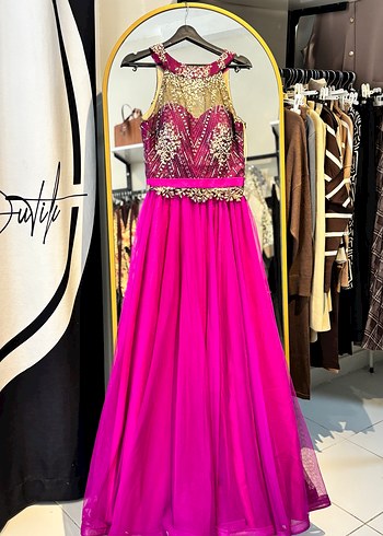 Boncuk İşlemeli Pembe Uzun Abiye Elbise - Görsel 5