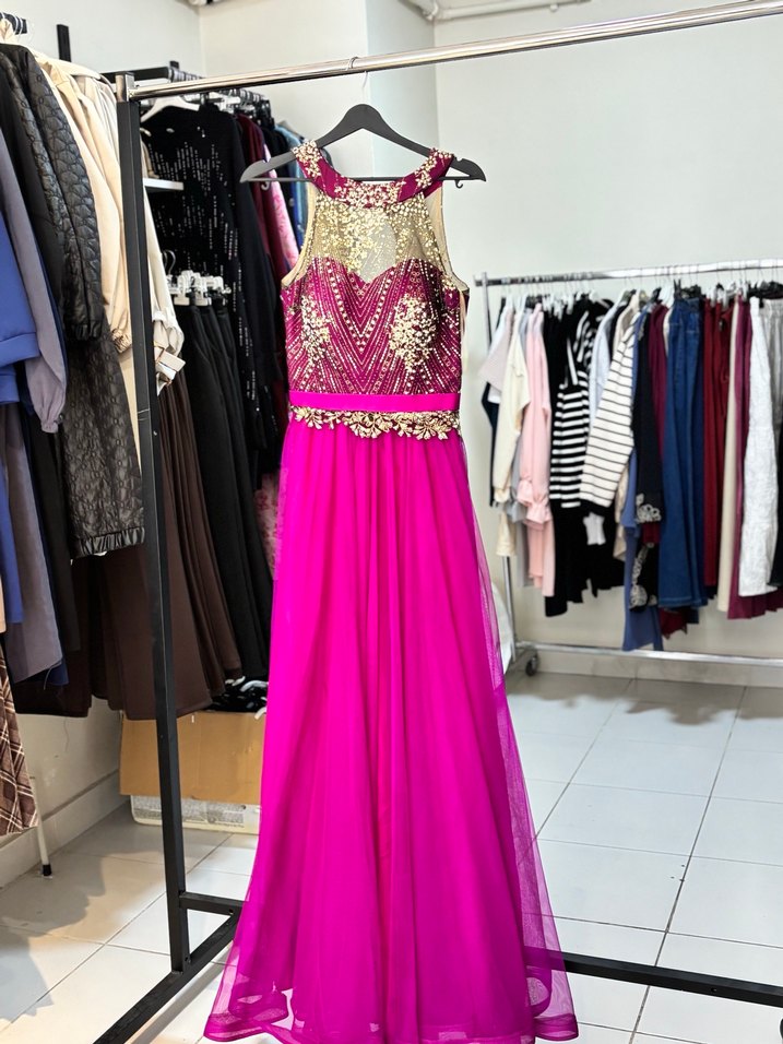 Boncuk İşlemeli Pembe Uzun Abiye Elbise - Görsel 2