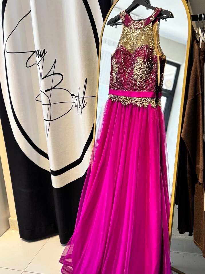 Boncuk İşlemeli Pembe Uzun Abiye Elbise - Görsel 3