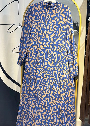 Uzun Kollu Mavi Desenli Viskon kumaş Elbise - Görsel 3