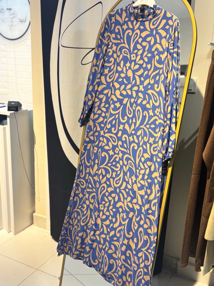 Uzun Kollu Mavi Desenli Viskon kumaş Elbise - Görsel 2