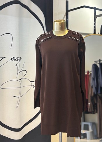 Boncuk İşlemeli Kahverengi Midi Triko Tunik - Görsel 2