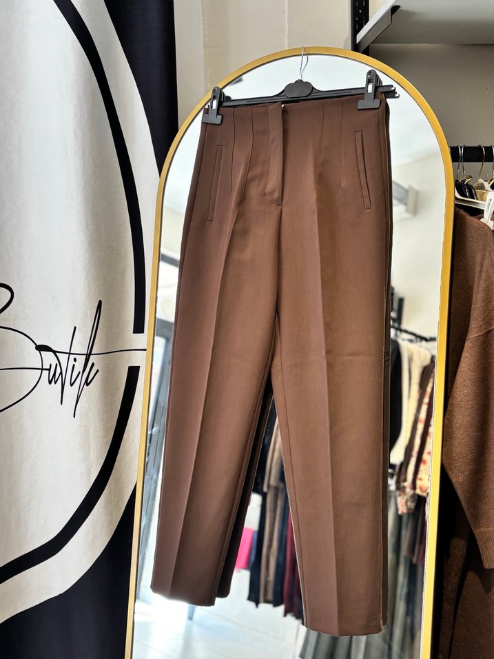 Kahverengi Pilili Midi Kumaş Pantolon - Görsel 2