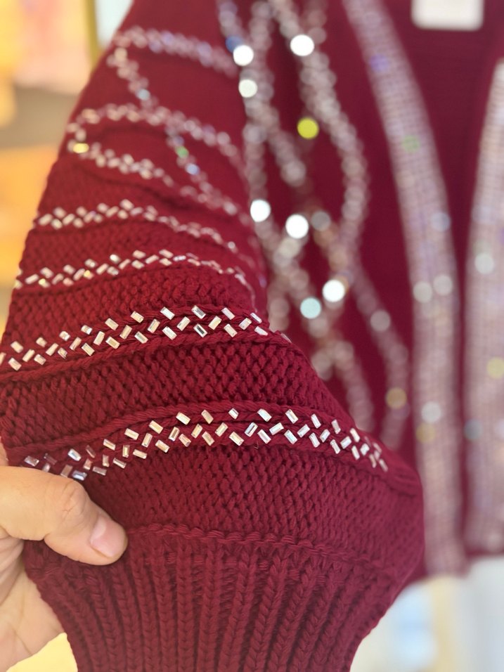 Bordo Nakışlı Bohem Hırka - Görsel 4