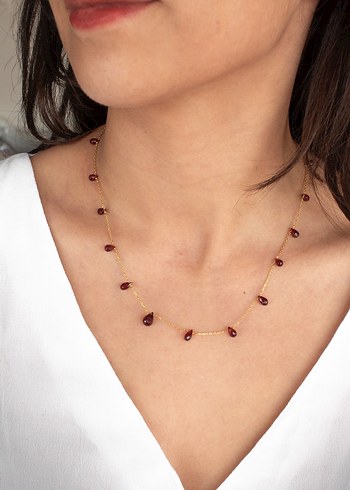 925 Ayar Gümüş Altın Kaplama 15Ct Garnet Taşlı Minimal Kolye - Görsel 3